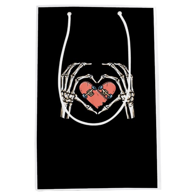 Sac Cadeau Moyen Skeleton Hand Heart Skateboard Valentines Day Funn (Devant)