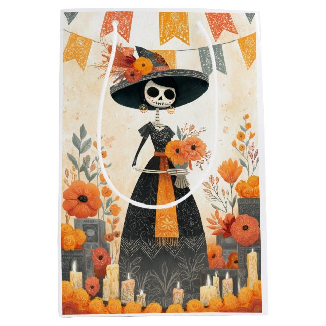 Sac Cadeau Moyen Skeleton Lady La Catrina Jour des Morts (Devant)