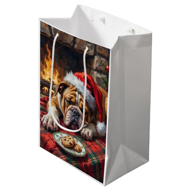Sac Cadeau Moyen Sleepy Bulldog Dog Fast Asleep Santa Hat Christmas (Devant Angle)