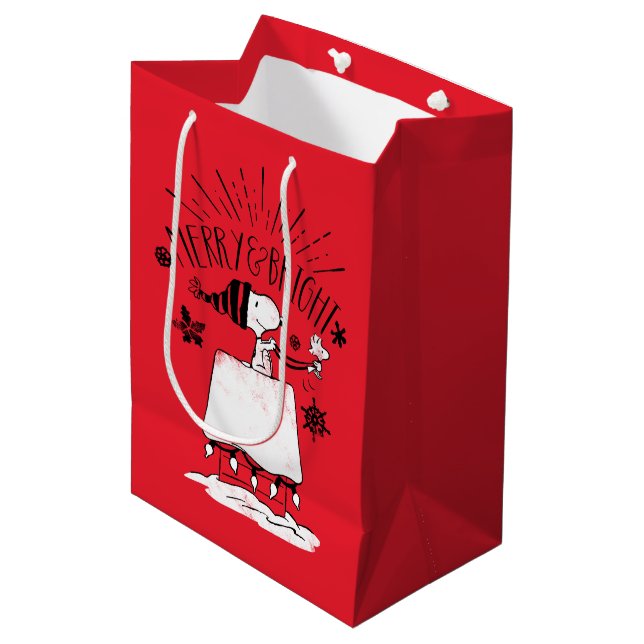 Sac Cadeau Moyen Snoopy et Woodstock - Joyeux et lumineux (Devant Angle)