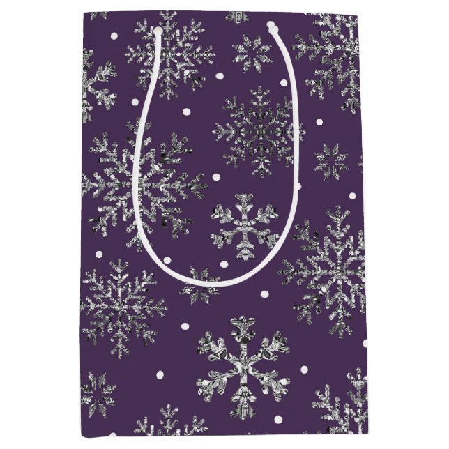 Sac Cadeau Moyen Snowflakes argenté violet Motif (Devant)