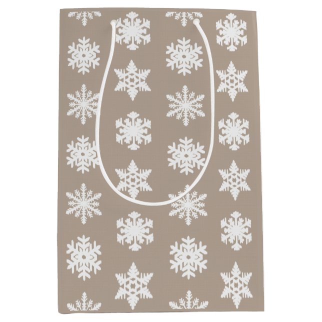 Sac Cadeau Moyen Snowflakes Ikat - Taupe tan et blanc (Devant)