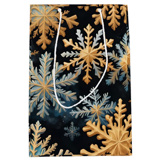Sac Cadeau Moyen Snowflakes Magique Noël Noir Or Bleu (Devant)