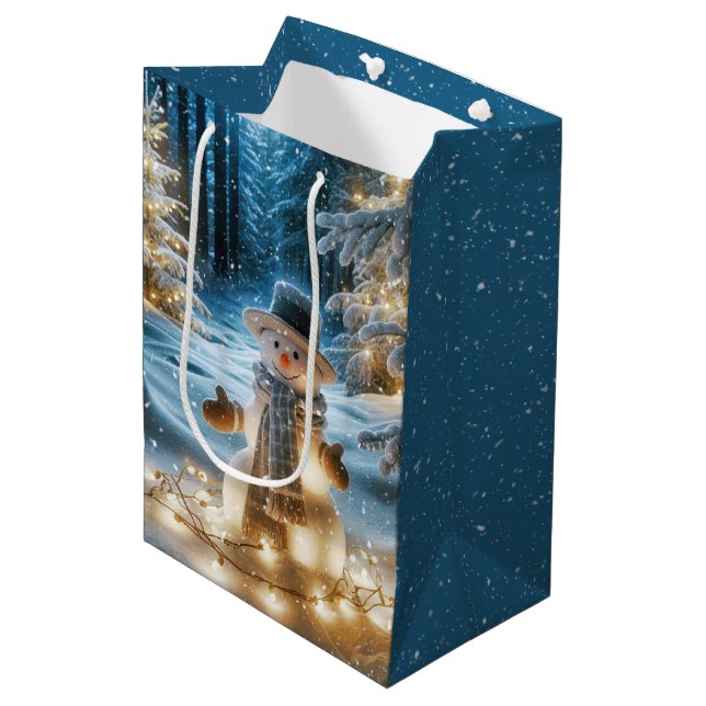 Sac Cadeau Moyen Snowman Avec Lumières De Noël (Devant Angle)