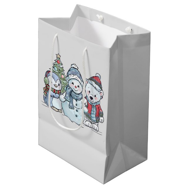 Sac Cadeau Moyen Snowman de Noël et amis (Devant Angle)