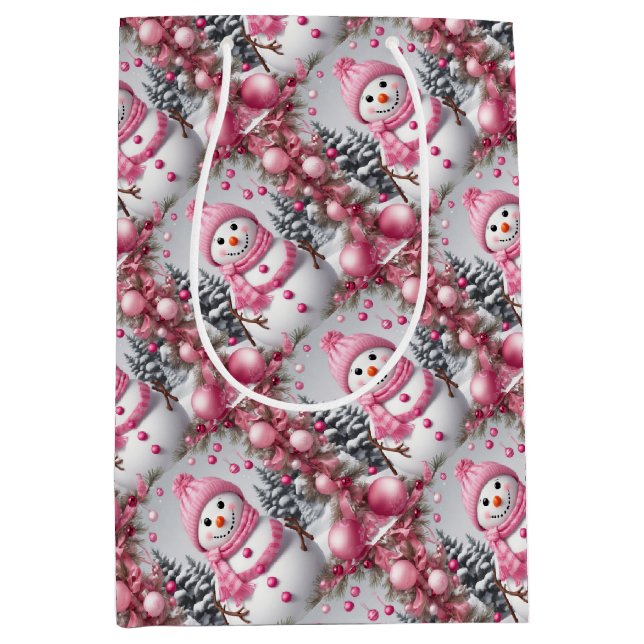 Sac Cadeau Moyen Snowman de Noël rose personnalisé (Devant)