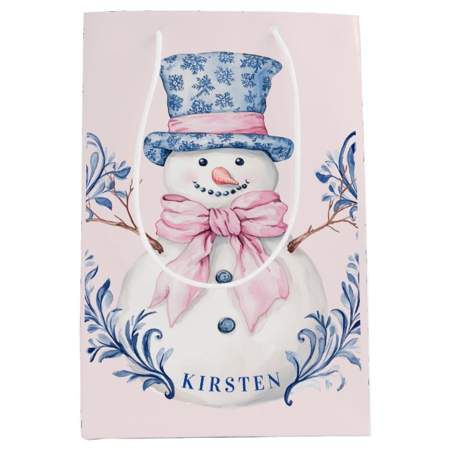 Sac Cadeau Moyen Snowman rose et bleu (Devant)