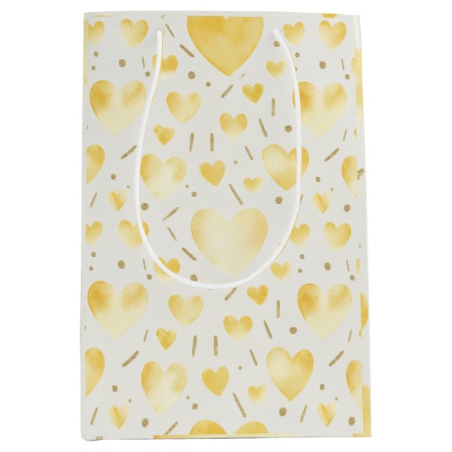 Sac Cadeau Moyen Soft Gold Watercolor & Glitter Hearts Pattern (Devant)