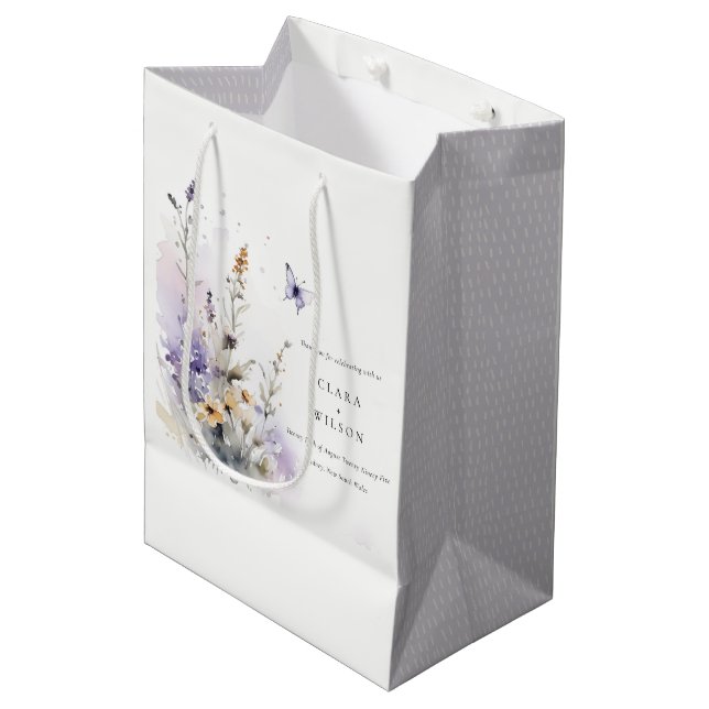 Sac Cadeau Moyen Soft Lilac Fleur sauvage Butterfly Garden Mariage (Devant Angle)