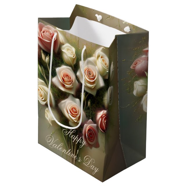 Sac Cadeau Moyen Soft rose roses coeur bouquet valentine (Devant Angle)