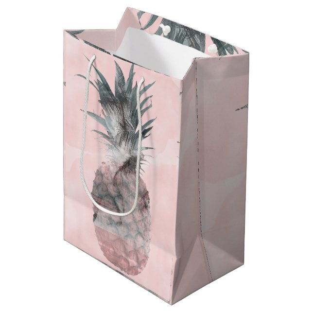 Sac Cadeau Moyen Soirée d'ananas rose Gold Pink Tropical (Devant Angle)
