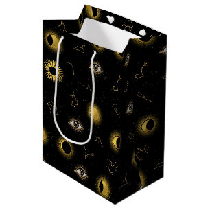 Sac Cadeau Moyen Soleil céleste d'or noir et oeil zodiaque de la lu