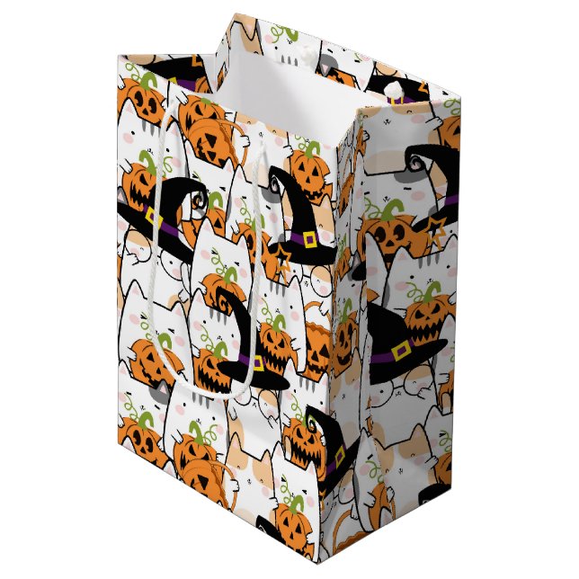 Sac Cadeau Moyen Sorcière de chat mignonne tenant Bumkin Halloween (Devant Angle)