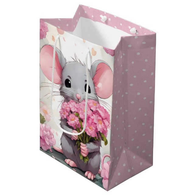 Sac Cadeau Moyen Souris aux fleurs roses et Pois (Devant Angle)