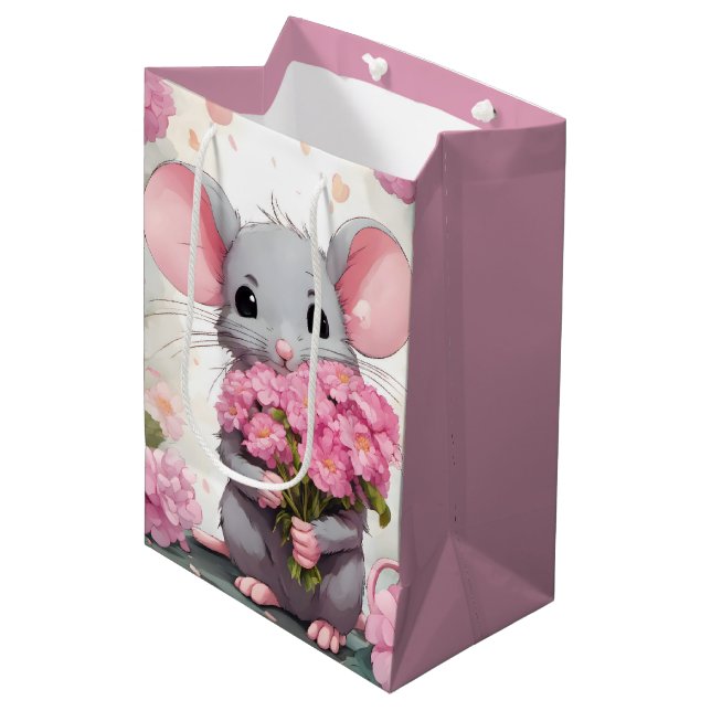 Sac Cadeau Moyen Souris Avec Bouquet De Fleur Rose (Devant Angle)