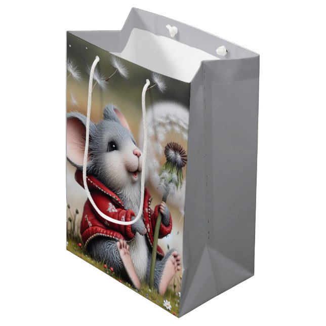 Sac Cadeau Moyen Souris Gris D'Anniversaire Avec Dandelion Fluffeux (Devant Angle)