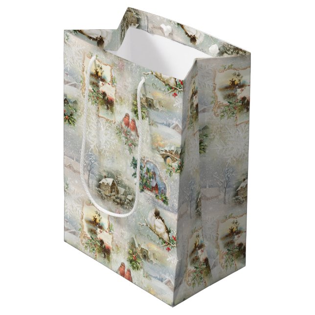 Sac Cadeau Moyen Sparkly Rustic Christmas Winter Scènes Collage (Devant Angle)