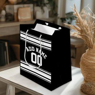 Sac Cadeau Moyen Sports Jersey Black and White Strips Nom Numéro