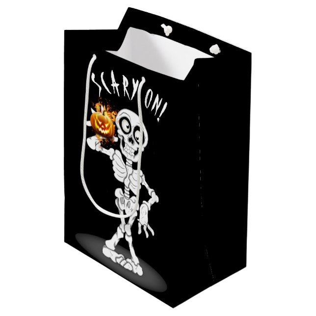 Sac Cadeau Moyen Squelette d'Halloween tenant un Jack-o-lanterne (Devant Angle)