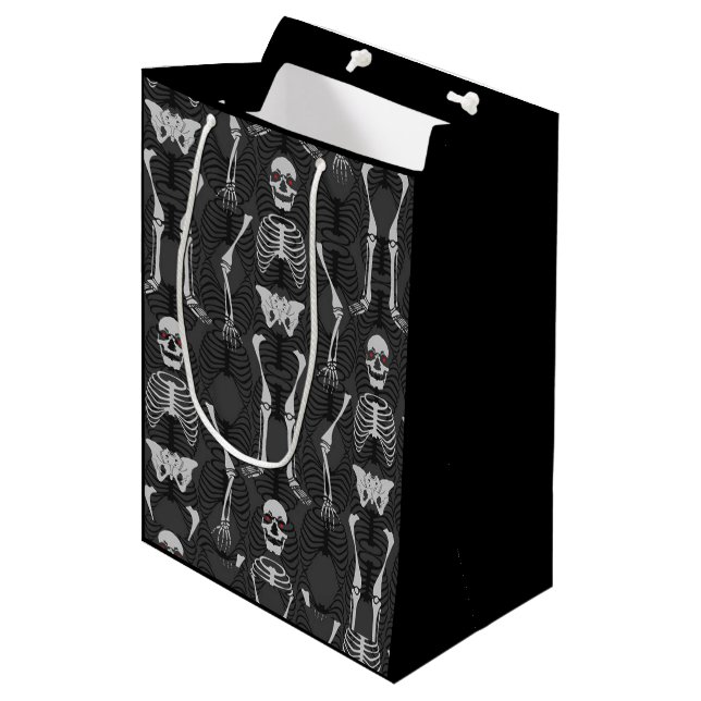 Sac Cadeau Moyen Squelettes noirs et blancs Halloween (Devant Angle)