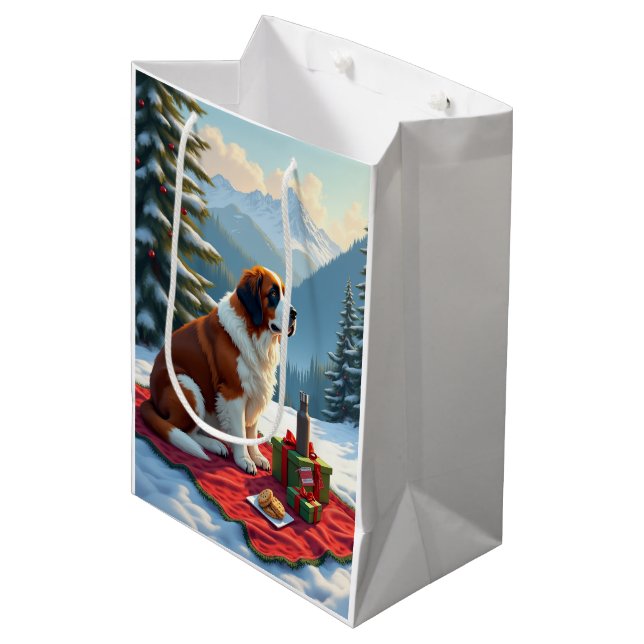 Sac Cadeau Moyen St. Bernard Winter Picnic Christmas Painting (Devant Angle)