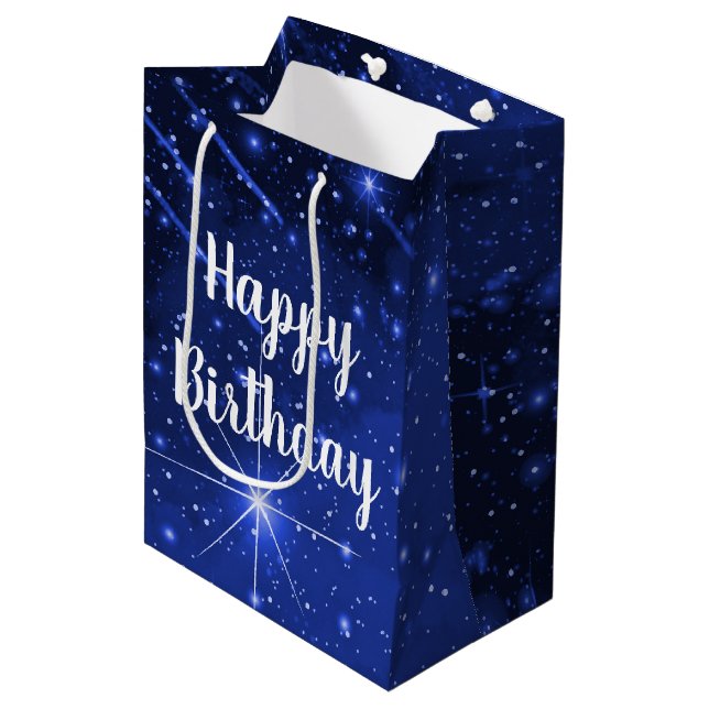 Sac Cadeau Moyen Star Galaxy Anniversaire En Bleu (Devant Angle)