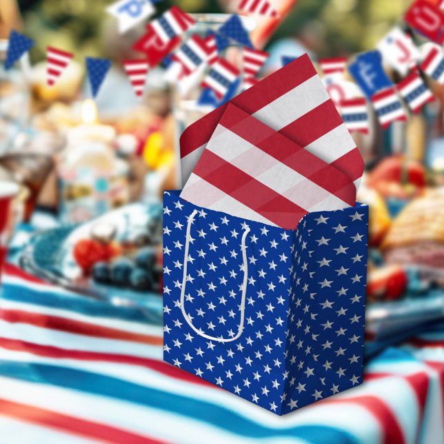 Sac Cadeau Moyen Star Spangled Silver Stars On Navy Blue Americana (Créateur téléchargé)
