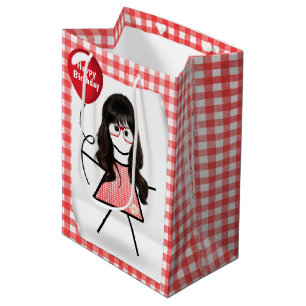 Sac Cadeau Moyen Stick Anniversaire En vichy fille avec ballons rou