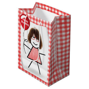 Sac Cadeau Moyen Stick Anniversaire En vichy fille avec ballons rou