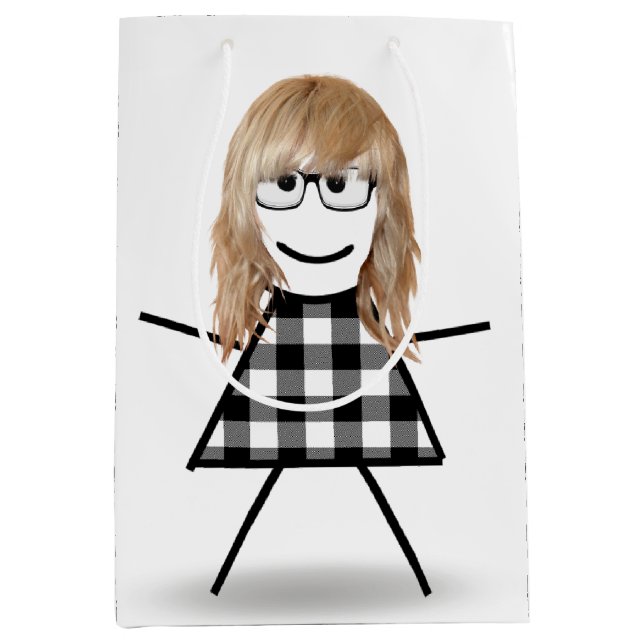 Sac Cadeau Moyen Stick Girl avec cheveux et Buffalo Plaid (Devant)