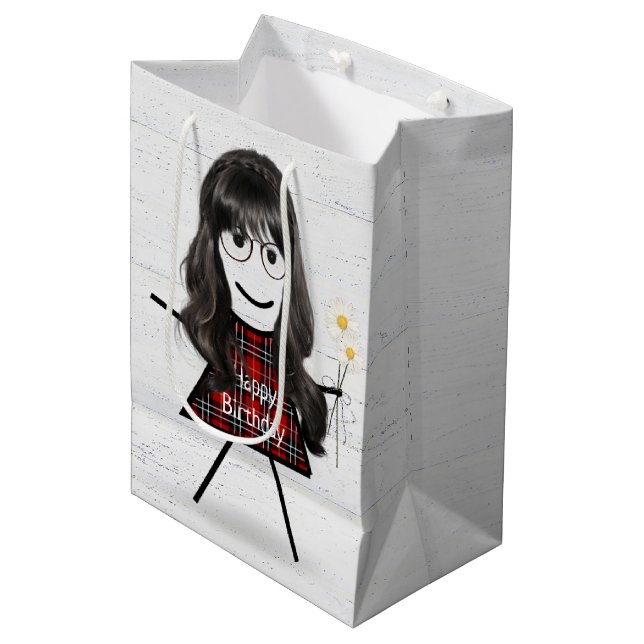 Sac Cadeau Moyen Stick Girl avec cheveux et marguerites (Devant Angle)