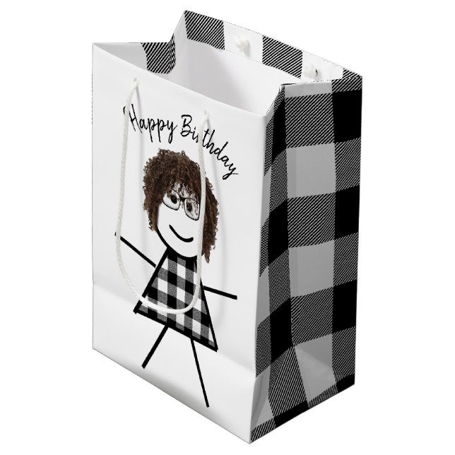 Sac Cadeau Moyen Stick Girl avec cheveux et Motif de Buffalo Plaid (Devant Angle)
