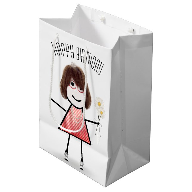 Sac Cadeau Moyen Stick Girl d'anniversaire avec Daisy Bouquet (Devant Angle)
