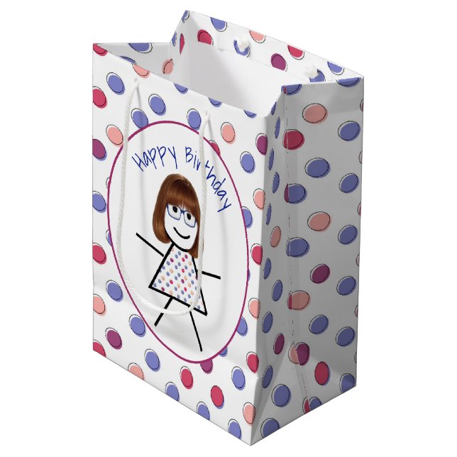 Sac Cadeau Moyen Stick Girl d'anniversaire en Pois (Devant Angle)