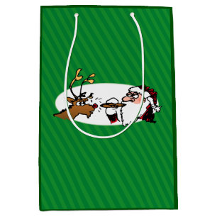 Sac Cadeau Moyen Stogie Père Noël et Reindeer sur Green Stripes