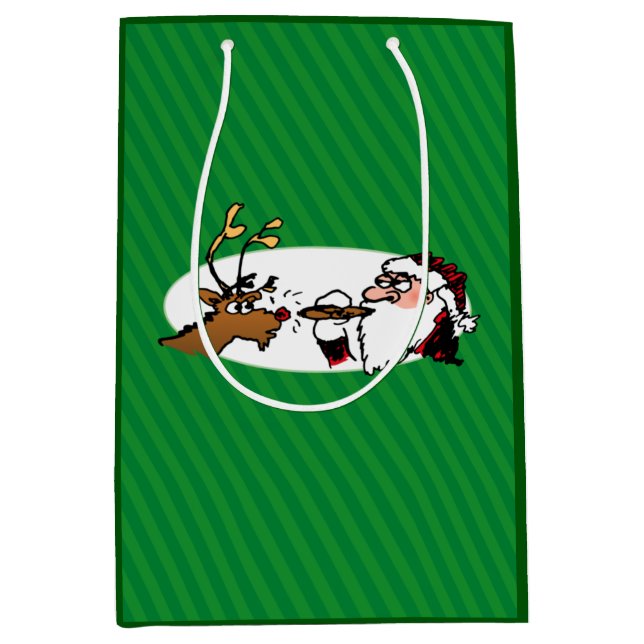 Sac Cadeau Moyen Stogie Père Noël et Reindeer sur Green Stripes (Devant)