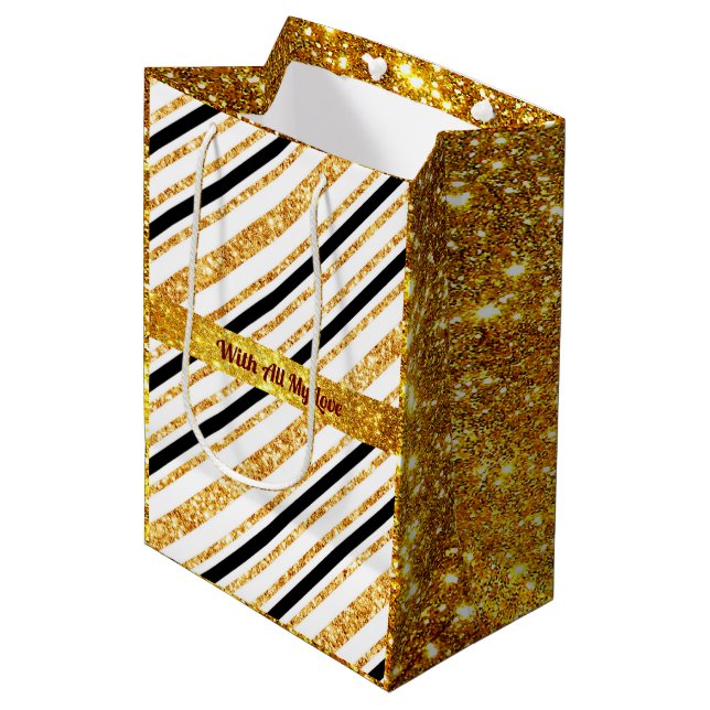 Sac Cadeau Moyen Stripes Gold Parties scintillant Black Boho Popula (Devant Angle)