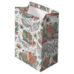 Sac Cadeau Moyen Style d'art abstrait floral gribouillé pêche vert 