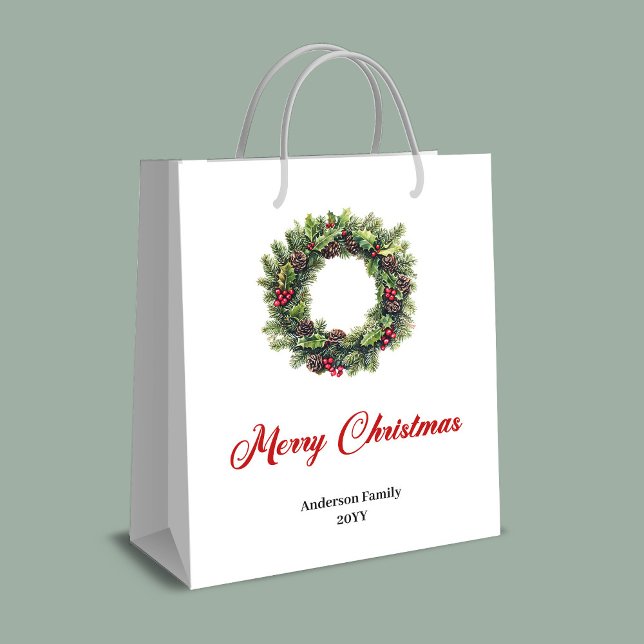 Sac Cadeau Moyen Stylish red black tartan Christmas gift bag name (Elegant Christmas wreath gift bag custom name)