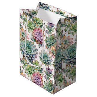 Sac Cadeau Moyen Succulents Aquarelles Vibrantes Rose Pâle & Menthe