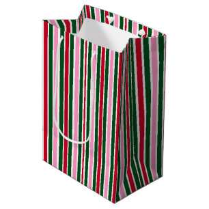 Sac Cadeau Moyen Sucre de canne de Noël rayures en rose vert et rou