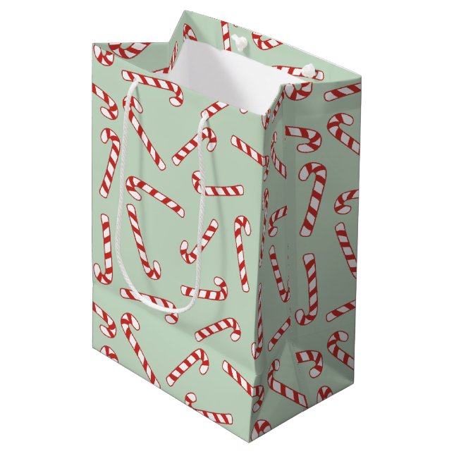 Sac Cadeau Moyen Sucre de canne rouge, vert et blanc Motif de Noël (Devant Angle)