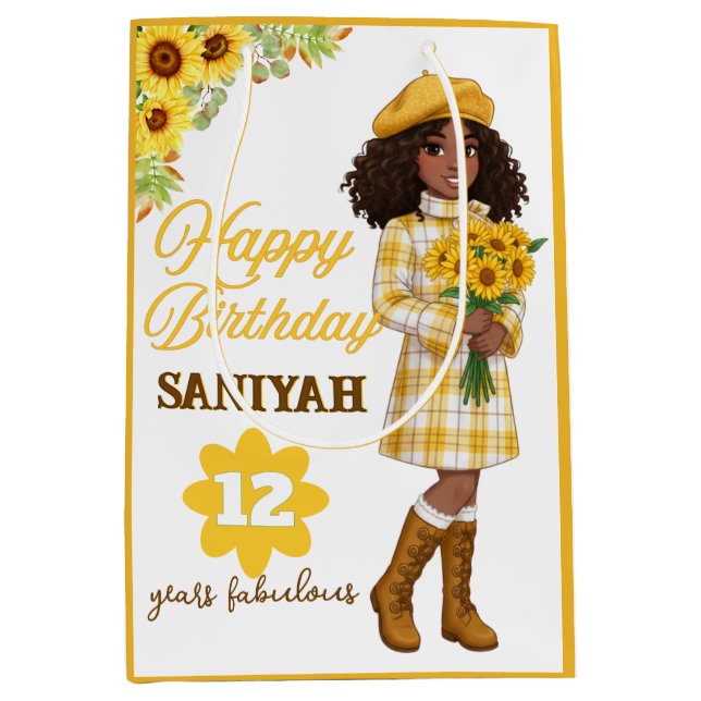 Sac Cadeau Moyen Sunflower Fashion Girl Yellow Plaid Birthday (Devant)