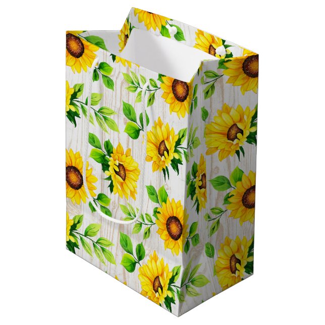 Sac Cadeau Moyen Sunflowers & Rustic Wood Botanical Motif Party (Devant Angle)