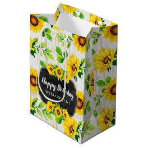 Sac Cadeau Moyen Sunflowers & Rustic Wood Motif Party Nom personnal