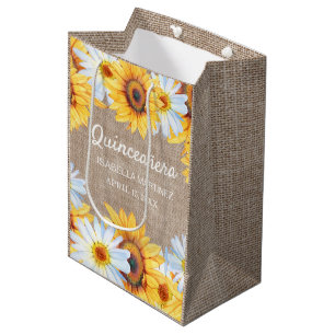 Sac Cadeau Moyen Sunflowers White Daisy Burlap Quinceañera Nom