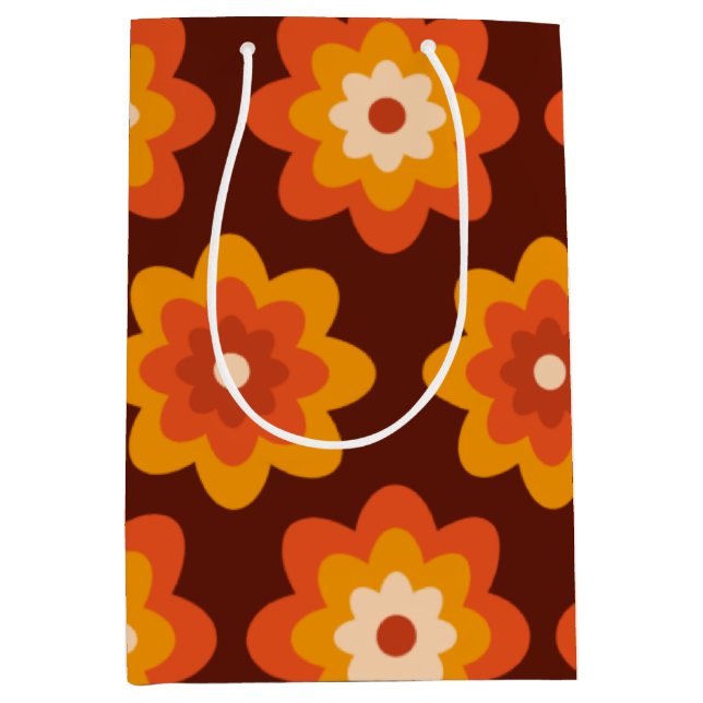 Sac Cadeau Moyen Super rétro les années 70 boho hippie orange fleur (Devant)