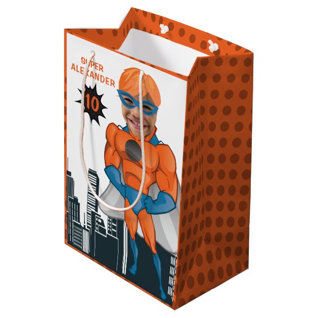 Sac Cadeau Moyen Superhero Muscle Man Orange Plus grand anniversair (Dos Angle)