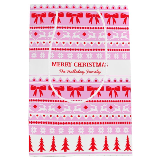 Sac Cadeau Moyen Sweat moche de Noël Nom de famille rose et rouge (Devant)