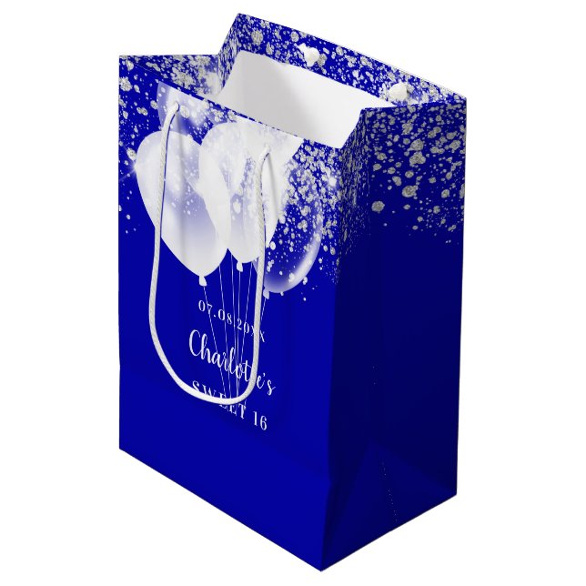 Sac Cadeau Moyen Sweet 16 bleu royal blanc parties scintillant nom (Devant Angle)